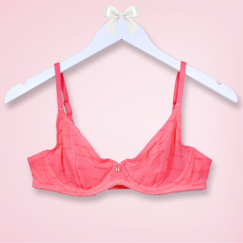 Savage X Fenty Flocked Logo Unlined Bra | 34B |  Watermelon Pink | Mesh | NWT